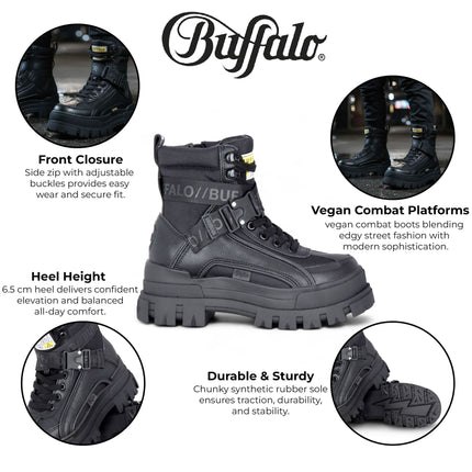Buffalo Womens Black Chunky Platform High Ankle Combat Boots - ASPHA-COM1