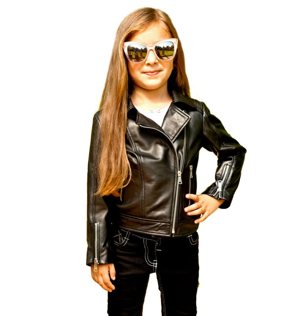 Kids Designer 100% Leather Zip Up Biker Jacket