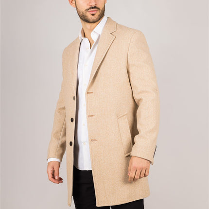 Men's Notched Lapel Collar Wool Blend Beige Overcoat