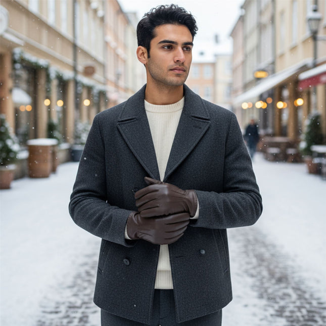 Men’s Brown Italian Leather Warm Wool Lining Winter Stich Design Gloves - M-LGV-205