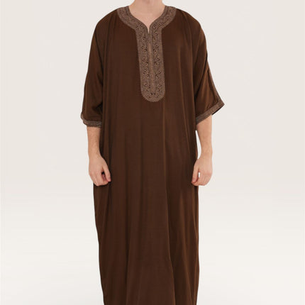 Men's Ramadan Dark Brown Moroccan Thobe Robe Djellaba Gandoura Eid Jubba- HM67