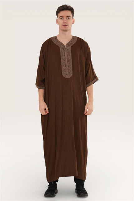Men's Ramadan Dark Brown Moroccan Thobe Robe Djellaba Gandoura Eid Jubba- HM67