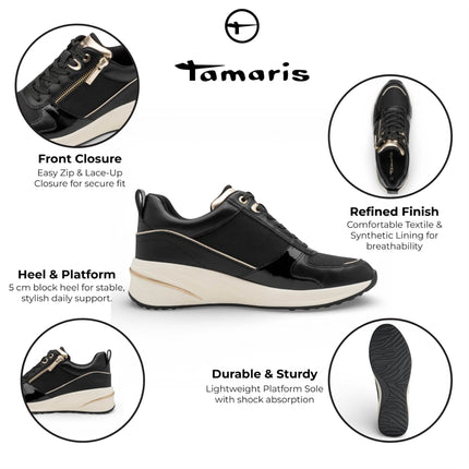 Tamaris Women’s Black Gold Platform Trainers Sneaker Zip Lace-Up Running Shoes