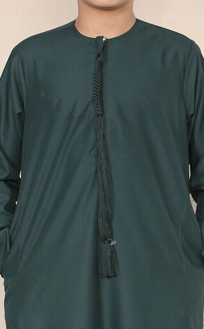 Boy's Kids Olive Green Thobe Emirati Jubba Islamic Clothing Kaftan Eid String Tassel