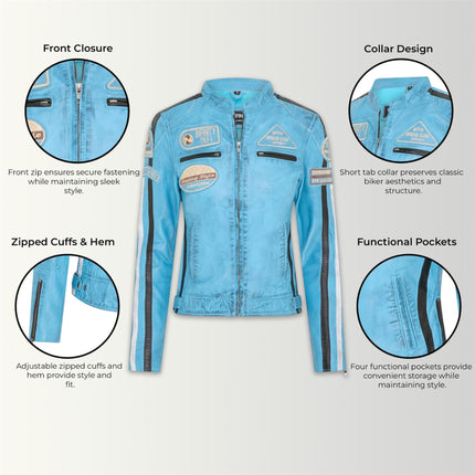 Womens Biker Racing Badges Blue Leather Jacket-Eastleigh