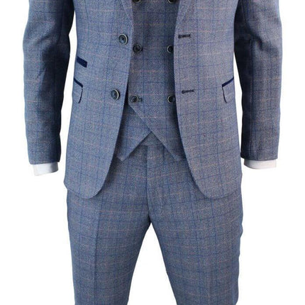 Mens 3 Piece Blue Grey Herringbone Check Suit