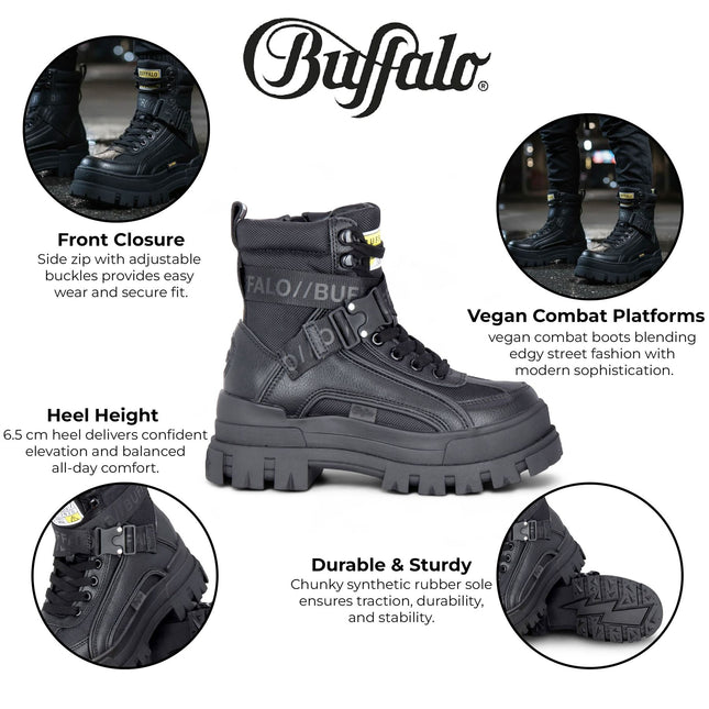 Buffalo Womens Black Chunky Platform High Ankle Combat Boots - ASPHA-COM1