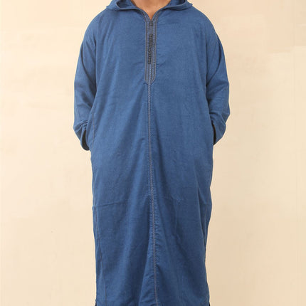 Men's Blue Hooded Moroccan Thobe Djellaba Jubba Robe Eid