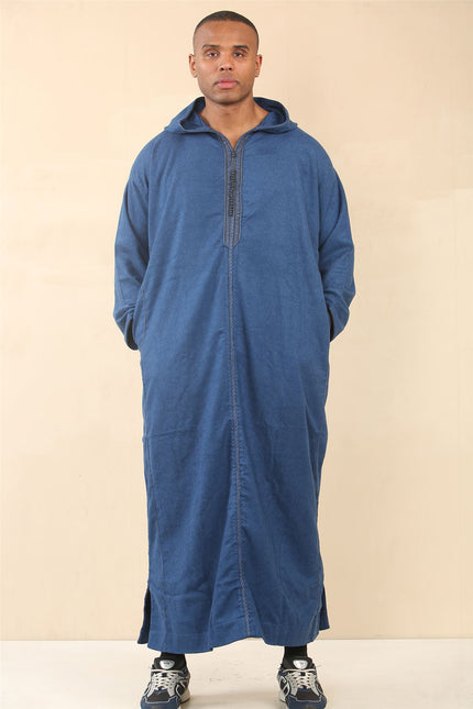 Men's Blue Hooded Moroccan Thobe Djellaba Jubba Robe Eid