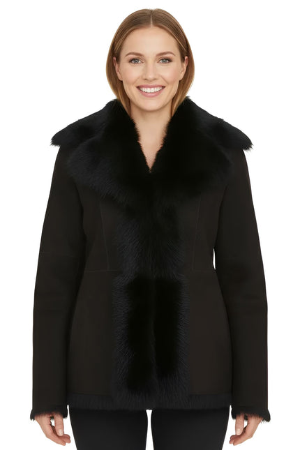 Women's Black Sheepskin Toscana Shearling Suede Leather Jacket - Noiré