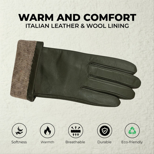 Womens Olive Green Italian Leather Winter Bow Design Soft Wool Lining Gloves - L-GLV-401