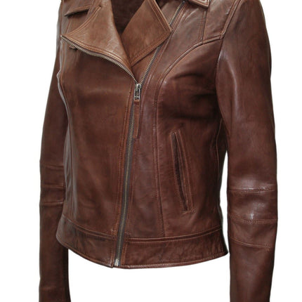 Womens Chestnut Leather Biker Jacket-Reynosa