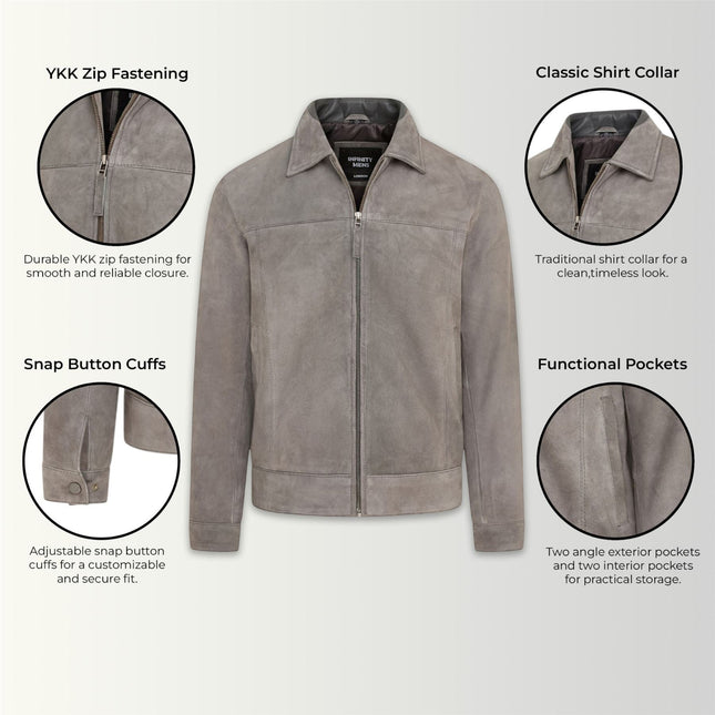 Mens Grey Goat Suede Leather Harrington Biker Jacket - Berlin