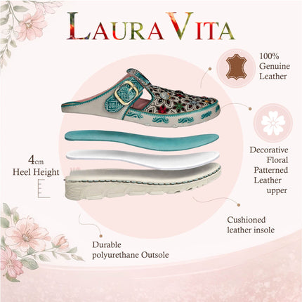 Laura Vita Women’s Dorry 01 Floral Blue Leather Wedge Slipper Sandals