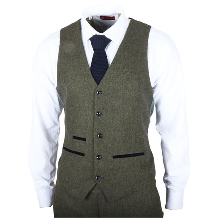 Men's Olive Green Wool Blend Tweed Formal Waistcoats