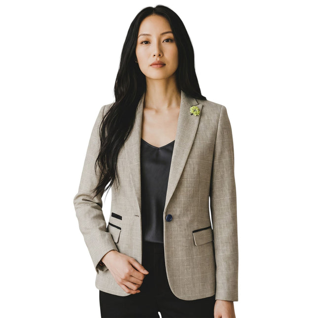 Women's Cream Check Wool Blend Herringbone Tweed Tailored Blazer - Caridi