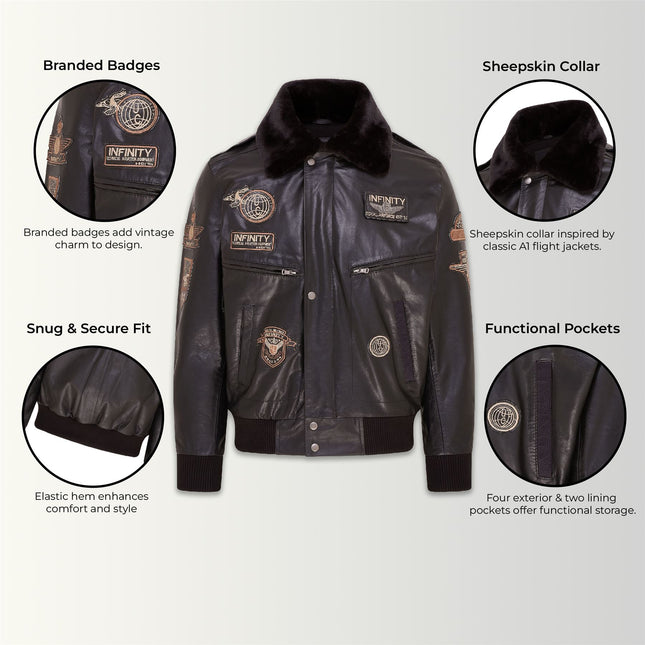 Mens Leather Bomber Jacket Air Force Badge Pilot Flying US Aviator Jacket