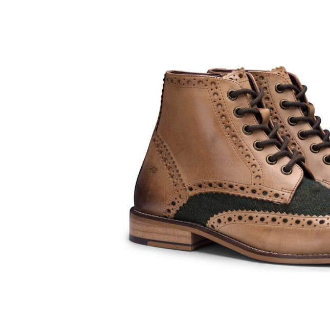 Mens Classic Oxford Tan Leather Gatsby Brogue Ankle Boots With Green Tweed