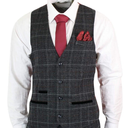 Mens 3 Piece Charcoal Grey Tweed Check Vintage Retro Suit