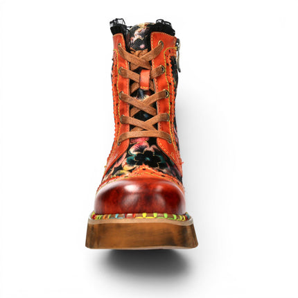 Laura Vita Women's Gothic Floral Orange Leather Combat Boots - Oyao-11