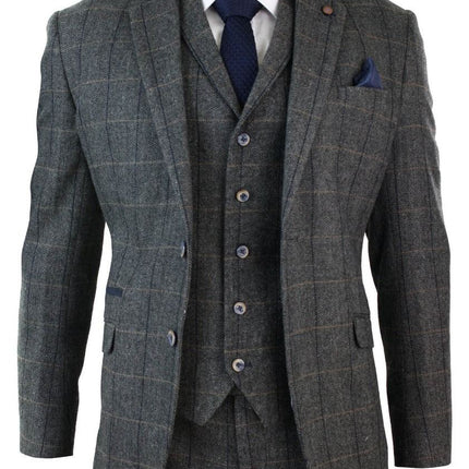 Mens 3 Piece Charcoal Grey Check Tweed Herringbone Vintage Classic Suit