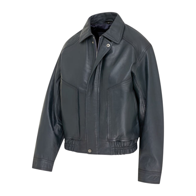 Womens Navy Leather Biker Bomber Oversized Jacket - Blouson