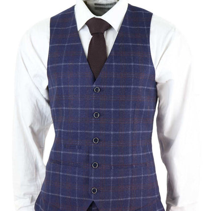 Mens 3 Piece Navy Blue Wool Check Retro Suit