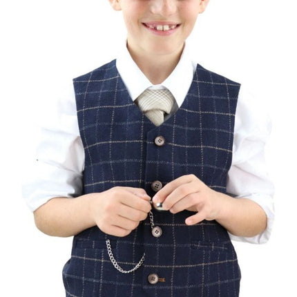 Boys 3 Piece Navy Blue Tweed Check Classic  Suit