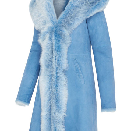 Womens Blue Toscana Sheepskin Suede Leather Hooded Trench Coat - Aura