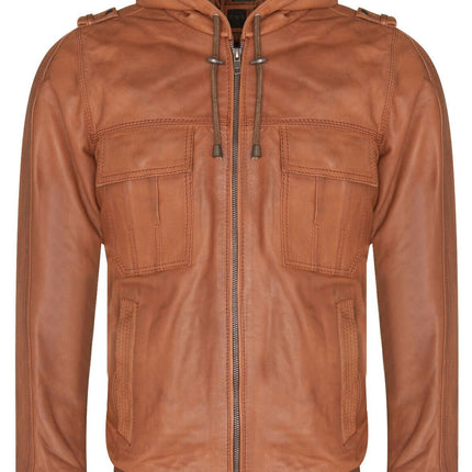 Mens Tan Leather Hooded Bomber Jacket - Tirana