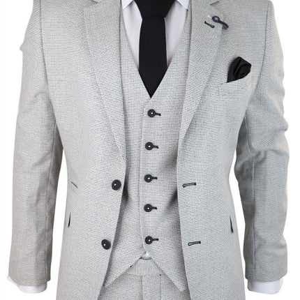 Mens 3 Piece Light Grey Check Tweed Retro Classic Suit