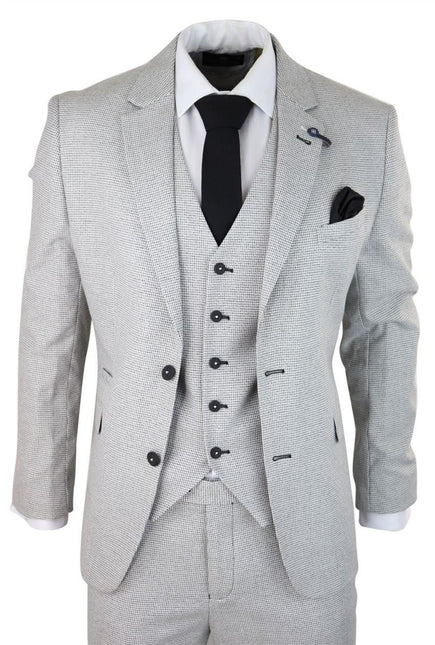 Mens 3 Piece Light Grey Check Tweed Retro Classic Suit