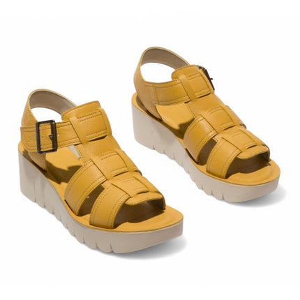 Fly London Women's Yudd236Fly Bumblebee Yellow Mousse Leather Wedge Sandals