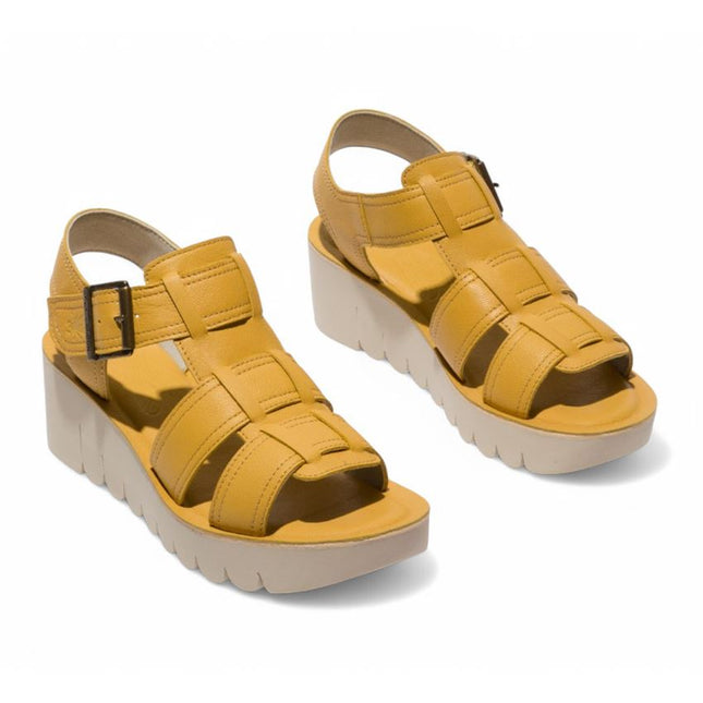 Fly London Women's Yudd236Fly Bumblebee Yellow Mousse Leather Wedge Sandals
