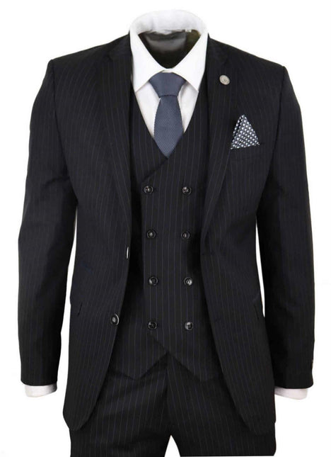 Men's 3 Piece Black Pinstripe Retro Suit
