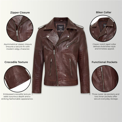 Mens Brown Cow Leather Alligator Print Embossed Biker Jacket - Rot