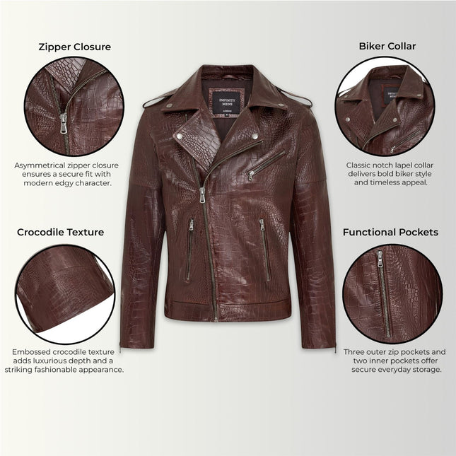 Mens Brown Cow Leather Alligator Print Embossed Biker Jacket - Rot