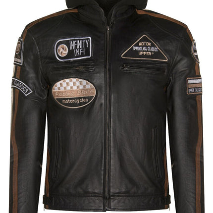 Mens Racing Hooded Leather Biker Jacket-Detroit