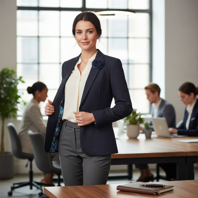 Women's Navy Check Wool Blend Herringbone Tweed Tailored Blazer - Caridi