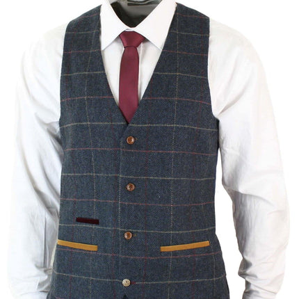 Mens 3 Piece Navy Blue Herringbone Check Vintage Suit