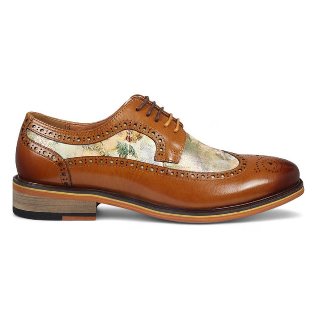 Justin Reess Men's Brown Leather Iconic Print Brogue Dress Shoes - Scott