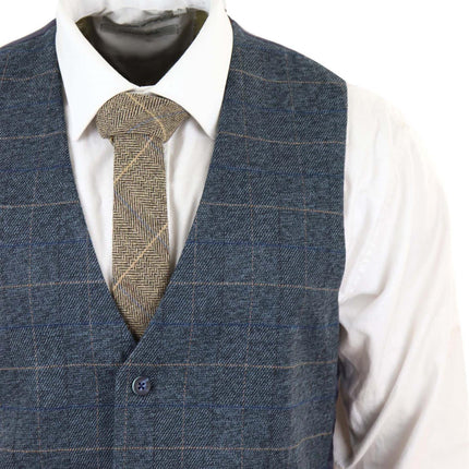Mens 3 Piece Blue Tweed Check Vintage Suit