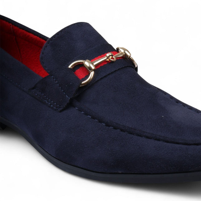 Men's Navy Suede Loafers with Gold Buckle Slip-On Dress Shoes