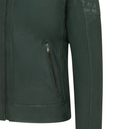 Mens Green Leather Quilted Shoulder Biker Jacket - Rock
