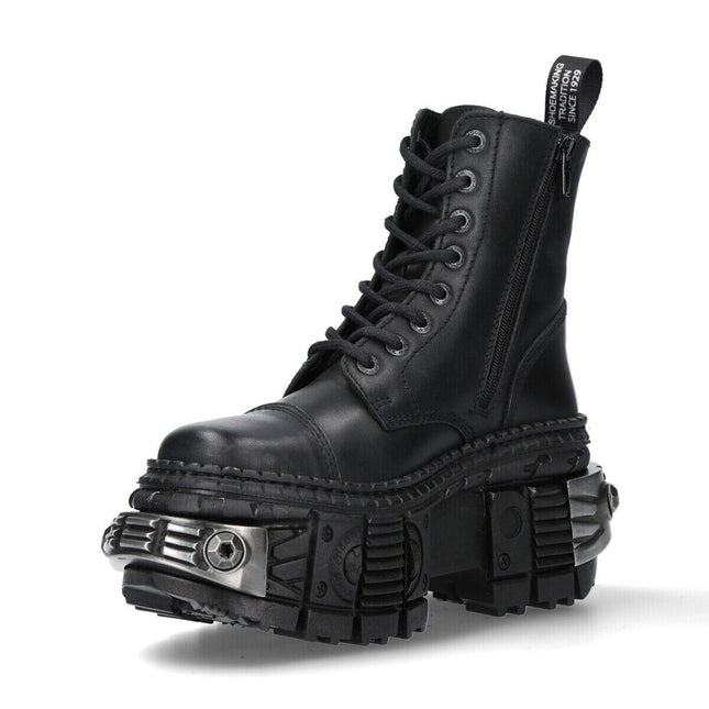 New Rock Metallic Black Leather Boots-WALL083C-S4