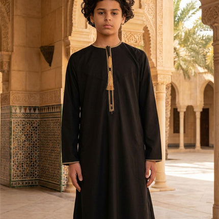 Kids Boys Ramadan Black Moroccan Thobe Robe Emirati Eid Jubba- TT-003