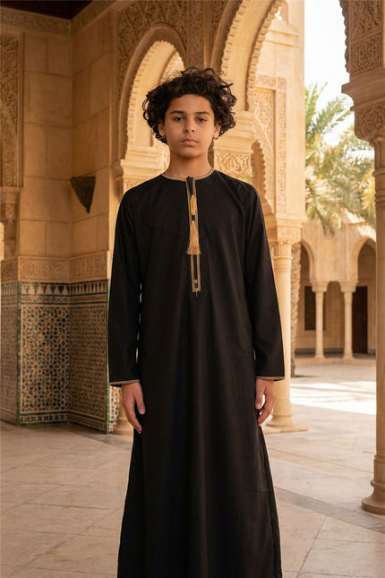 Kids Boys Ramadan Black Moroccan Thobe Robe Emirati Eid Jubba- TT-003