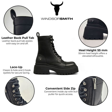 Windsorsmith Womens Black Leather Chunky Platform Combat Boots - Destroy