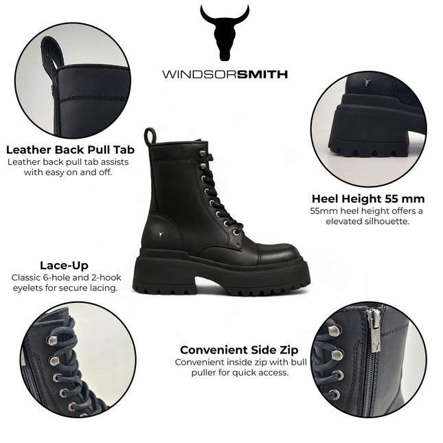 Windsorsmith Womens Black Leather Chunky Platform Combat Boots - Destroy