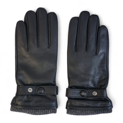 Men's Black Italian Leather Warm Wool Lining Winter Knit Rib Gloves - M-LGV-105